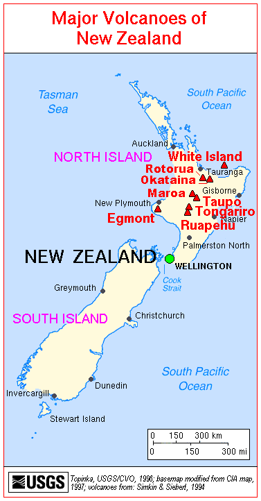 Map showing New Zealand volcanoes